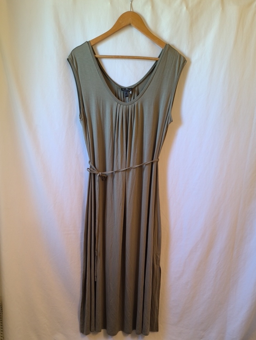 MARBLE Olive Green Sleeveless Midi Dress with Waist Tie